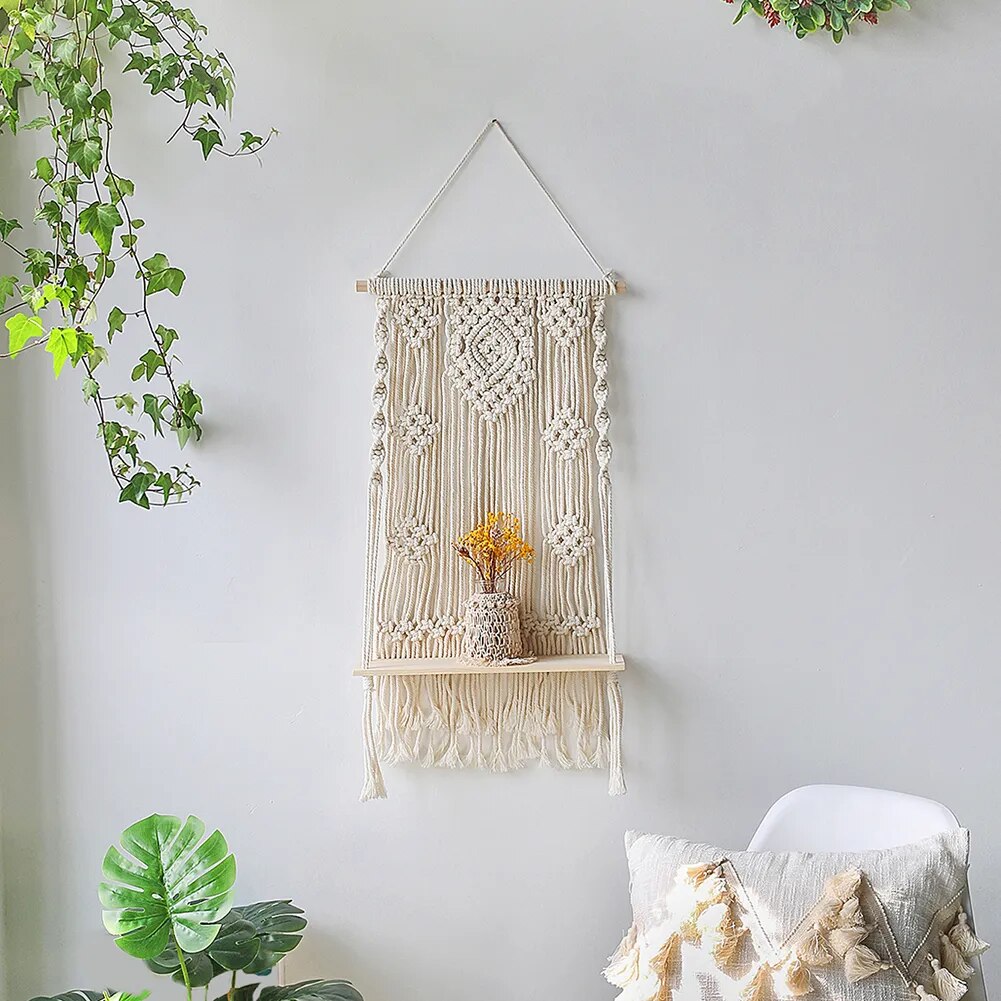Étagère Murale 3 Niveaux en Macramé, Étagère Flottante Bois Boho Tapisserie Murale, Coton Étagère Murale 3 Niveaux en Macramé, Étagère Flottante Bois Boho Tapisserie Murale, Coton