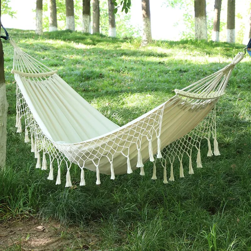 Hamac Extérieur Jacquard Rétro Avec Pompons Macramé - Hamac Double Coton Pour Jardin, Terrasse Et Plage Jusqu'à 200kg